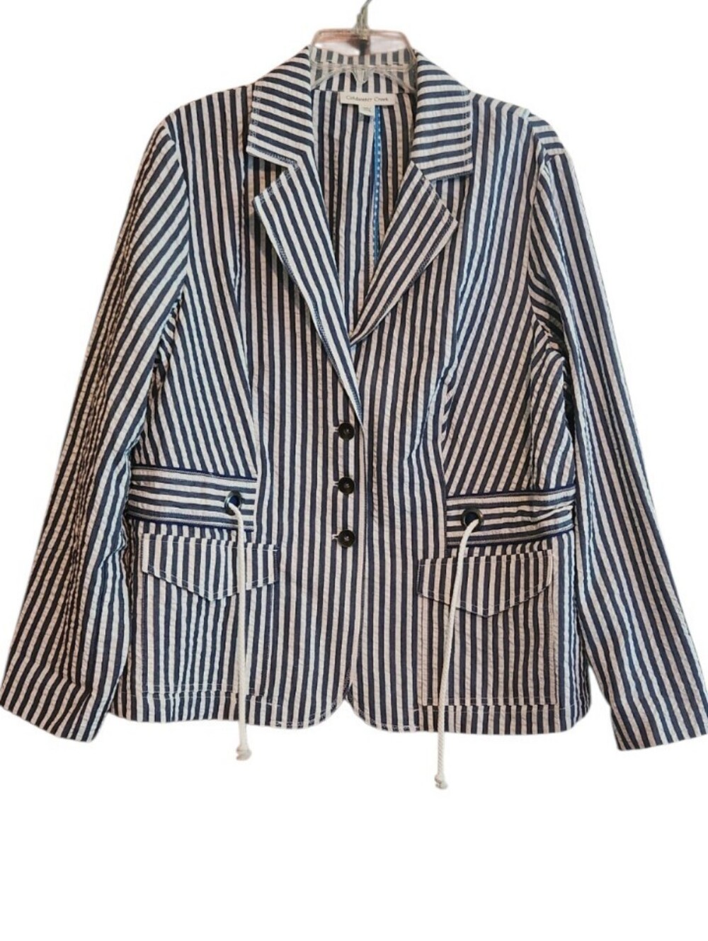 Coldwater Creek Navy and White Striped Seersucker Blazer Drawstring Waist